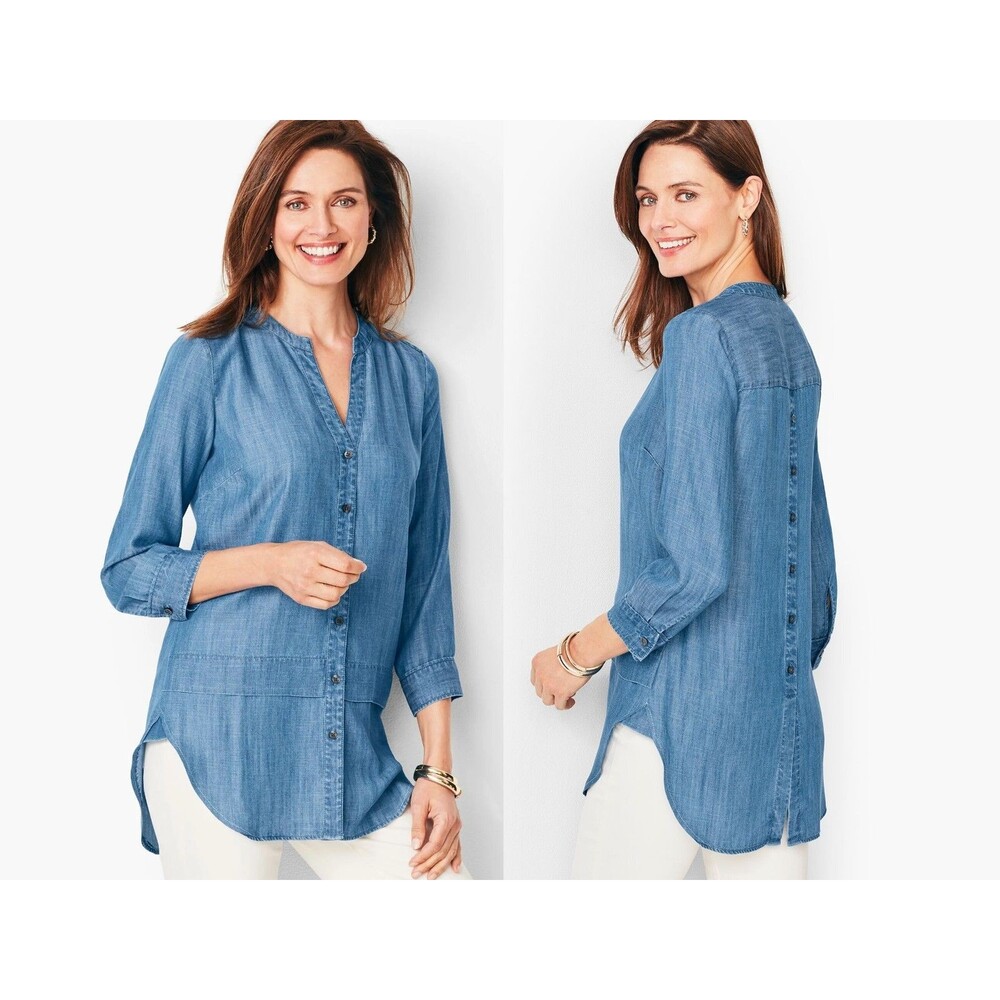 NWT $ 89 Talbots Tencel Split Neck Tunic Blue Chambray Buttons 3/4 Sleeve size X
